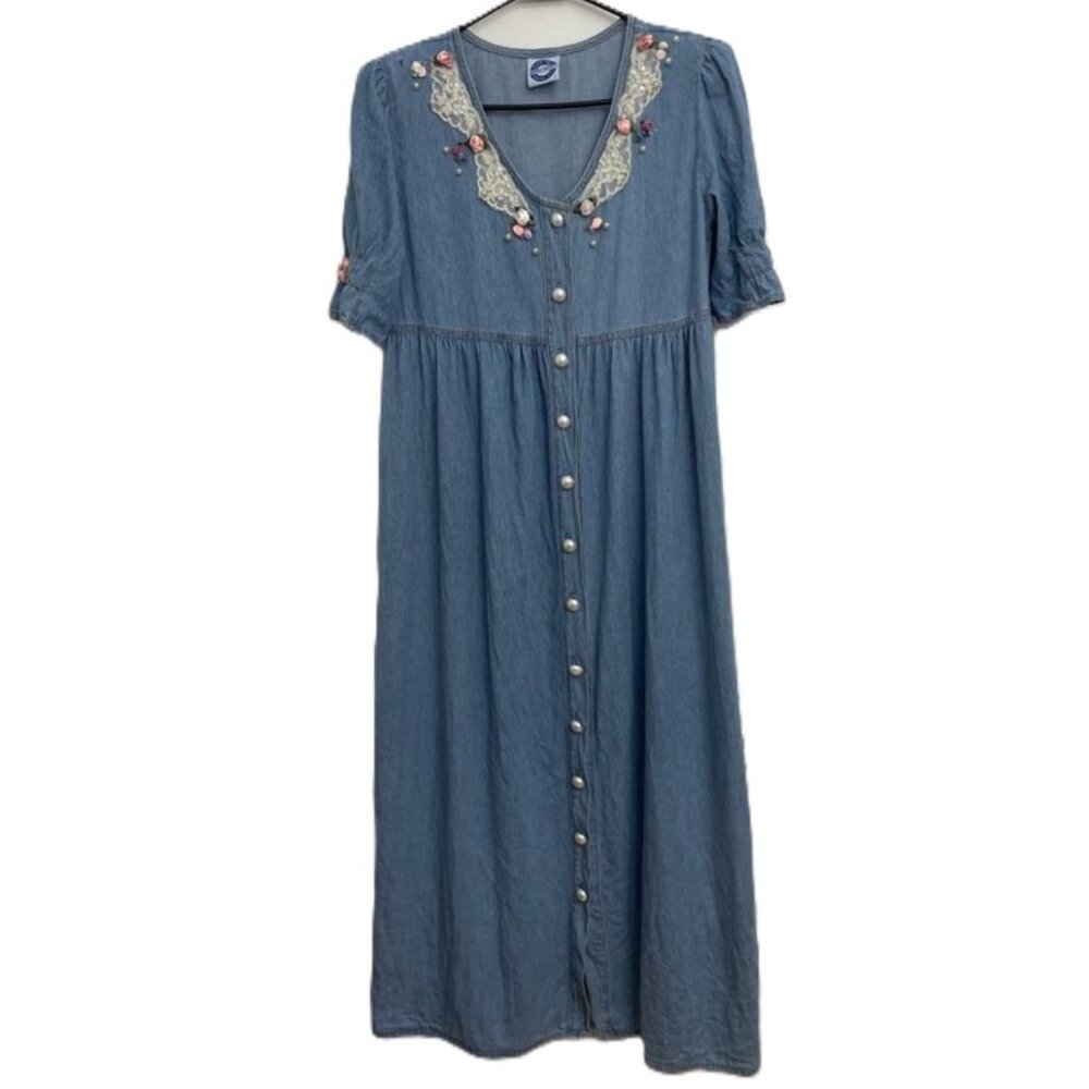 Vtg Bingo Bingo Denim Dress Sz 6 Lace Ribbon Roses Faux Pearl Beads S/S Cotton